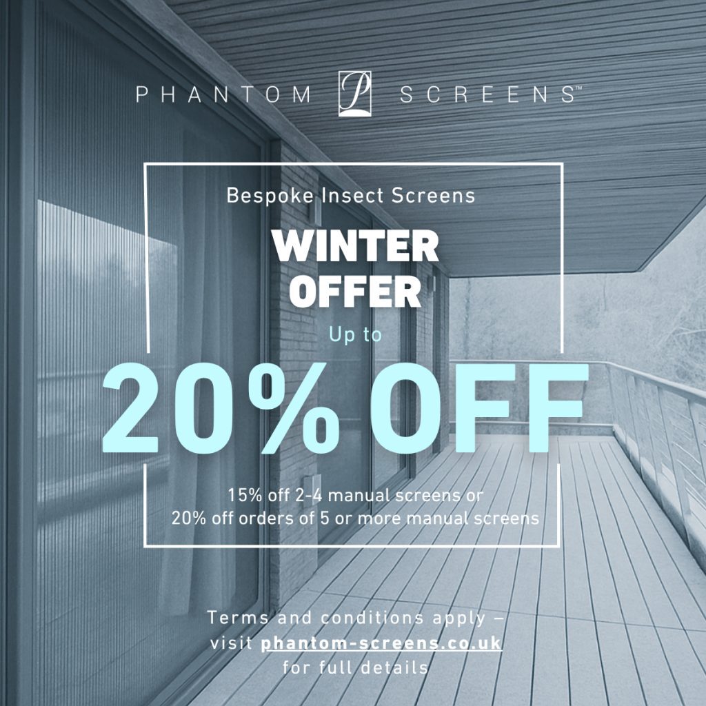 Promotional graphic for Phantom Screens showing a winter offer with up to 20% off bespoke insect screens.
